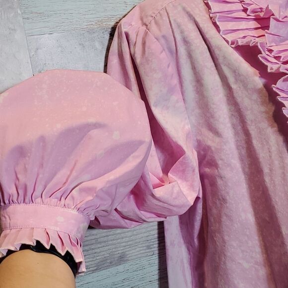 Hey Sue! Bob Mackie VINTAGE Upcycled Splatter Pink Ruffle Tux Blouse Sz L Button - Picture 7 of 11